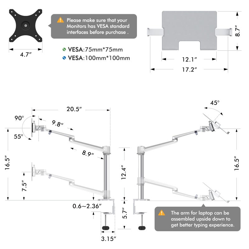 Viozon Laptop/Notebook/Projector Mount Stand,Height Adjustable Single Arm Mount Support 12-17 inch Laptop/Notebook/Tablet, Free Removable VESA 75X75 and 100X100 for Monitor 17-32 inch (Silver) - Image 5